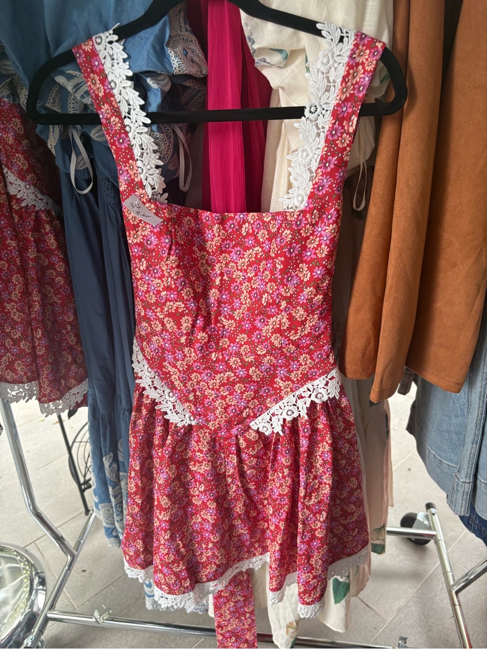 NWT Floral Red Backless Sundress with White Lace Trim. Available in S, M & L.